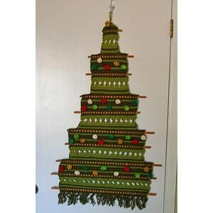 VTG 1970s Knitted Macrame Christmas Tree Wall Hanging Fringe Pom Balls MCM Retro